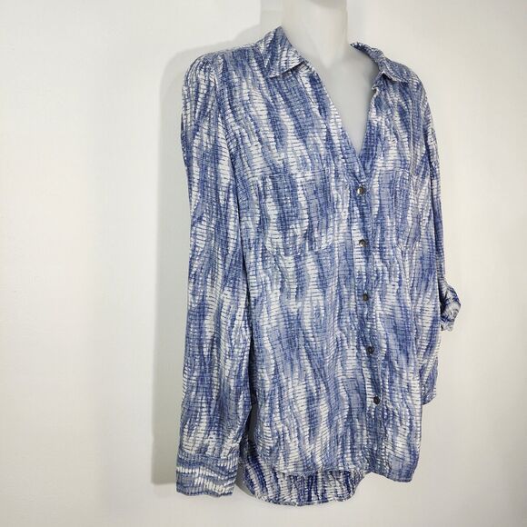 Rock & Republic Womens Tunic Top Medium Blue Button Long Roll Tab Sleeve Printed - Picture 4 of 8